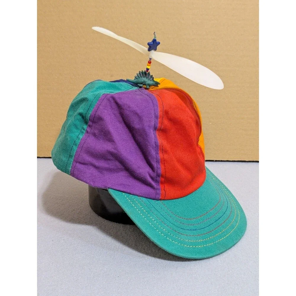 Vintage Interstellar Propeller Rainbow Colorblock Beanie Hat USA Dinosaur Large